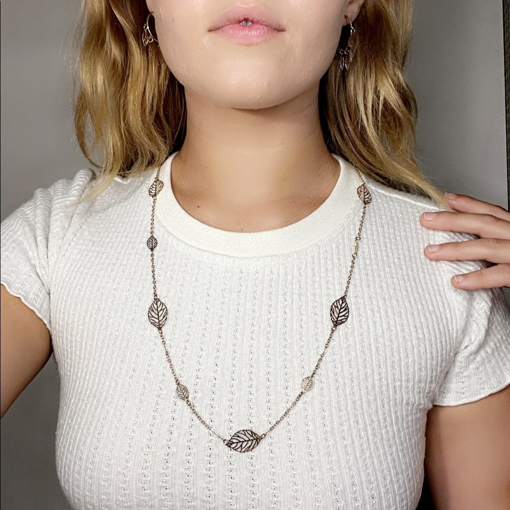 Golden leaf chain necklace and earring set